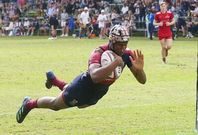 Siya Ndlozi goes over beneath the posts during Westville Boys' High's 14-9 win over leading English side, Hartpury College, at the 2023 Kearsney Easter Rugby Festival.
