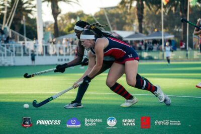 Somerset College captain Julia Brown in action for her team during this year's final of the Belgotex Sport Easter Hockey Festival. Photo: Belgotex Sport Easter Hockey Tournament