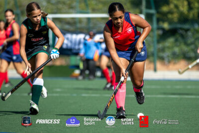 Hudson Park skipper, Tarelle Jones driving forward during the Belgotex Sport Easter Hockey Tournament in Cape Town. Photo: Belgotex