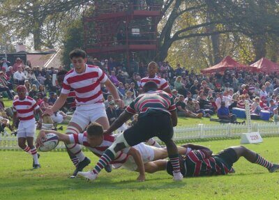 Riley Gehren stretches out to score Michaelhouse's first try in their seven-point win over Pretoria Boys High.