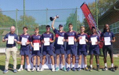 Westville Boys' High celebrates winning the Kearsney Tennis Tournament, with Guy Vorwerk lifting the trophy.