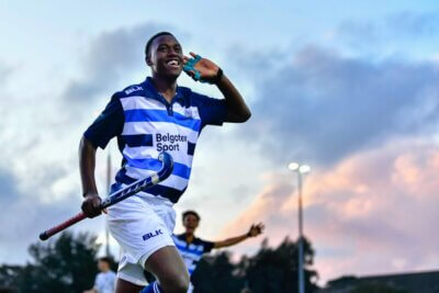 Parel Vallei's Sibulele Makeleni pictured celebrating his goal against Repton A in the quarterfinals of the Cape Town International Hockey Tournament. Photo credits: Ray Chaplin & Cape Town International Hockey Tournament