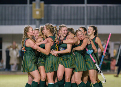 Gim players celebrate their 4-0 win over Girls High at the interschools. Photo: Lookonimages