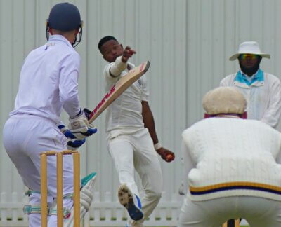 Grey College opening bowler Sicelo Matayi bowls to Connor Riley in their Oppenheimer Michaelmas Cricket Week game at St Charles College on 22 September.