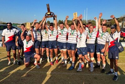 Hoërskool Menlopark celebrates after a superb victory in the u17 final of the High School Sevens Series, proudly sponsored by Toyota, at Hoërskool Montana on Saturday. Photo: Hoërskool Menlopark on Facebook.