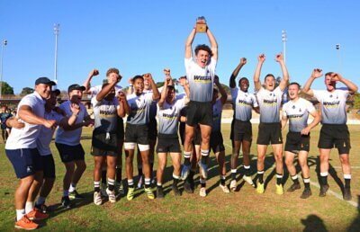 Joy for Monument as they lift the u17 trophy in their home event of the High School Sevens Series, proudly sponsored by Toyota.