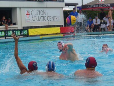 The Attacker of the Tournament, Nicholas Fall of SACS, fires a shot at the St John's goal in the final of the Clifton Centenary Water Polo Tournament.