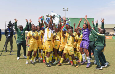 The South African girls' team celebrates during the 2024 CAF African Schools Football Champions COSAFA Qualifiers final match between South Africa and Zambia at Jan Wilken Stadium in Walvis Bay, Namibia on 13 October 2024 ©Nokwanda Zondi/BackpagePix