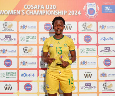 Player of the match Nobahle Mdelwa, of South Africa, after the 2024 Cosafa Women's u20 Championship match between South Africa and Lesotho at the UJ Stadium, Soweto, on 22 November 2024. Photo: Muzi Ntombela/BackpagePix