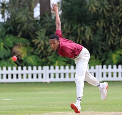 Kearsney College opening bowler Litha Gonya in action against Westville Boys' High in their SchoolsSA20 clash with Westville Boys' High on the AH Smith Oval. Photo: Hannah Shirley.