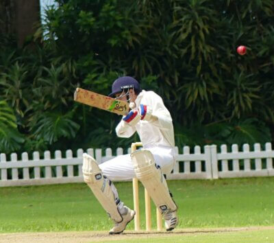 Noah Erasmus received a rude welcome to the crease from Michael Groom, who fired in a sharp bouncer at the Uplands' batsman the very first ball he faced. Photo: Brad Morgan.