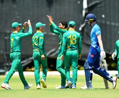 CAPE TOWN, SOUTH AFRICA - JANUARY 19: Raeeq Daniels of South Africa celebrate after dismissing Ben Dawkins of England during the 2nd Youth ODI Series match between South Africa U19 and England U19 at Western Province Cricket Club on January 19, 2025 in Cape Town, South Africa. (Photo by Ashley Vlotman/Gallo Images)