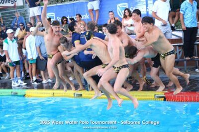 St David's players launch themselves into the pool in celebration of winning the 2025 Vides Water Polo Tournament. Photo: TeamPhotoSA