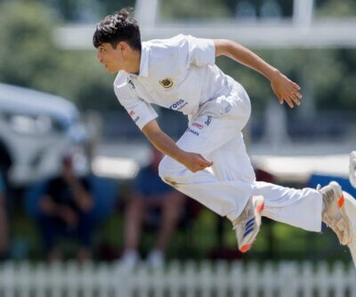 Opening bowler, Rowen Rajah, with 2/23 in nine overs, led the St Charles attack well. Photo: Justin Waldman Sports Photography.