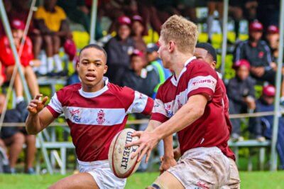 Buhlo Hlwatika (left) scored Kearsney's only try in their defeat to Hilton College. Photo: Hannah Shirley.