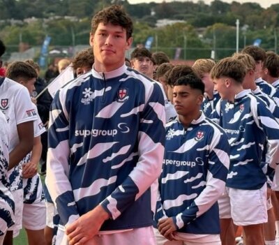 Aidan Blatch (on the right) scored three goals for his side on day one of the Saints Sports Festival. Photo: St Stithians College