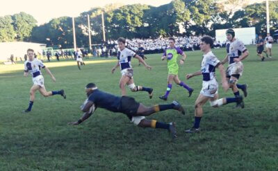 When DHS captain Daniel Ikotela went over for a try, it was a pivotal moment in the match, finally giving the home side a little breathing space. Photo: Brad Morgan.