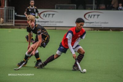 Hudson Park captain Helio Ruiters on the ball in his side's pre-season clash against Queen's College in March at the Border Schools Day. Huson won that clash 2-0. Photo: Steph from Brogle Photography