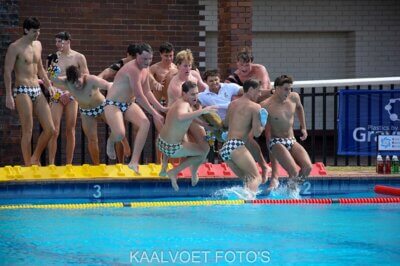 Woodridge College celebrates a fantastic win in the final of the National Co-Ed Water Polo Tournament. Photo: