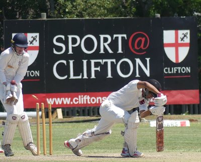 Bowled by Rivan Moodley, Clifton's Shiraz Perumal returned the favour, getting rid of Moodley to help Clifton to a tight 19-run win over Kearsney at the Riverside Sports Club. Photo: Brad Morgan.
