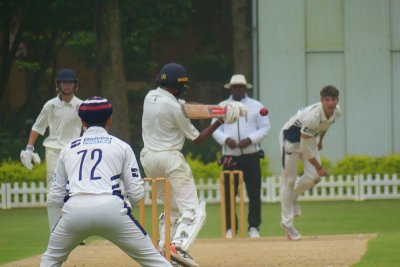 Rivaan Moodley cuts a short ball from Westville Boys' High captain Kyle McGough. Photo: Brad Morgan.