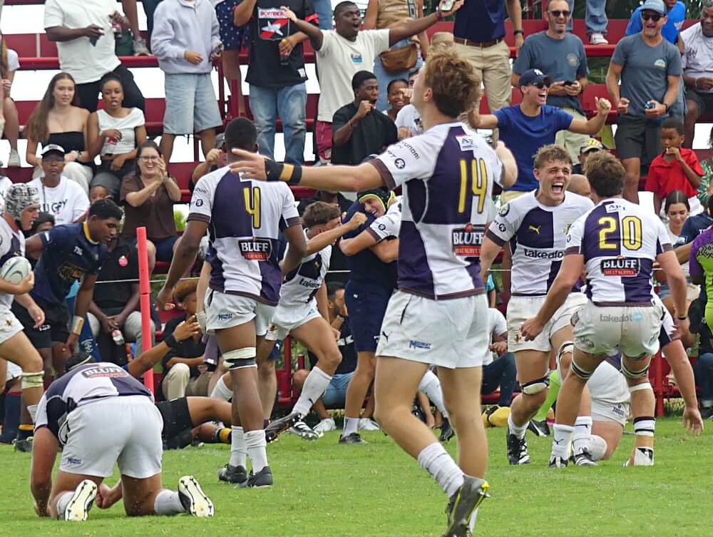 With the final whistle having just blown, Northwood's Knights celebrated a memorable victory over DHS. Photo: Brad Morgan.